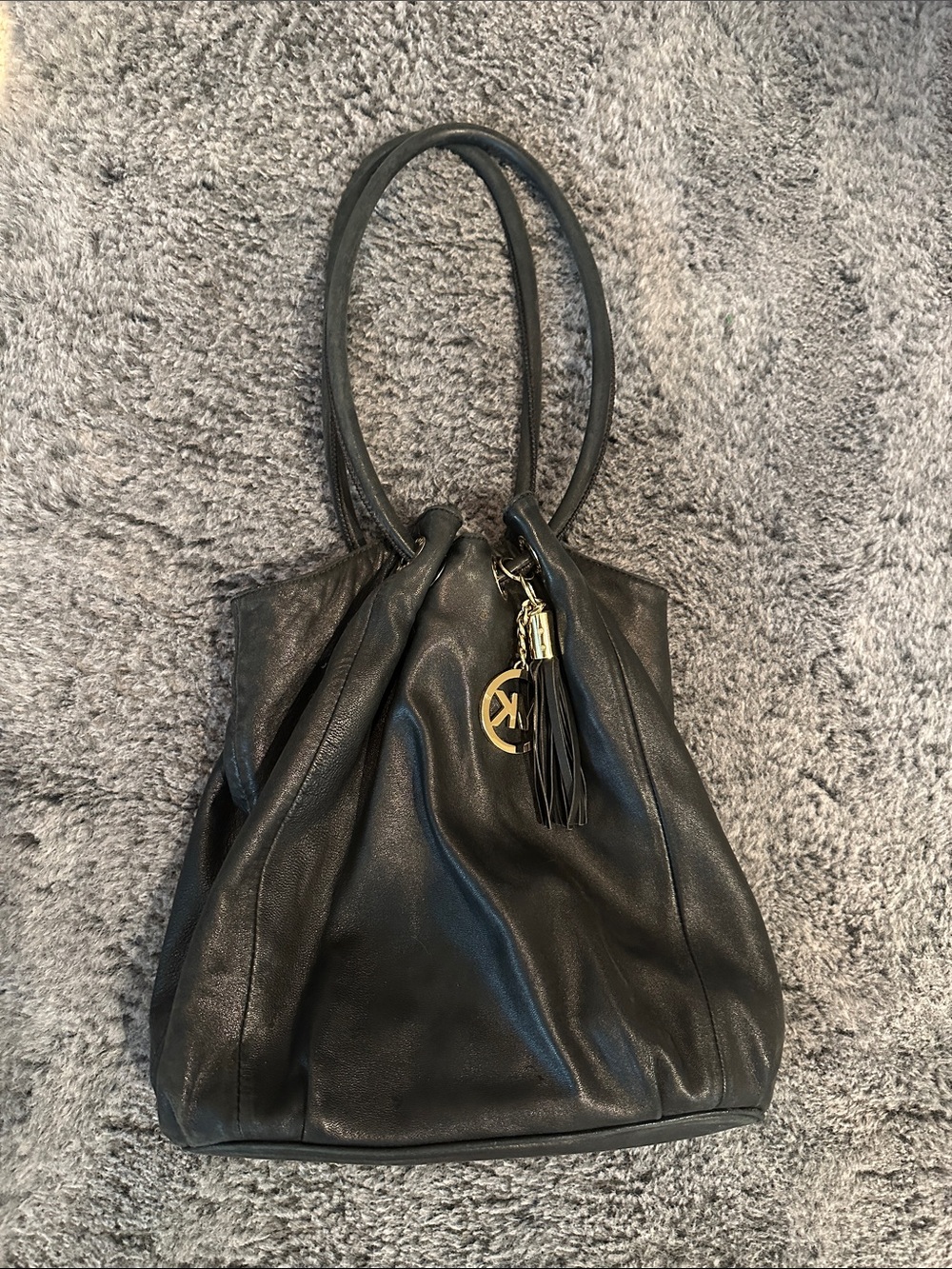 Michael Kors Black Leather Drawstring Shoulder Tote with Gold Charm
